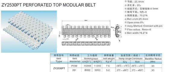 ZY2530PT PLASTIC PERFORATED CONVEYOR MODULAR BELTS FLAT TOP BELTS WITH OPEN AREA MATERIALS PP POM ACETAL FDA FOOD GRADE