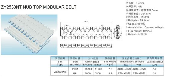 ZY2530NT NUB TOP CONVEYOR MODULAR BELTS PLASTIC CONVEYOR SLAT TOP BELTINGS